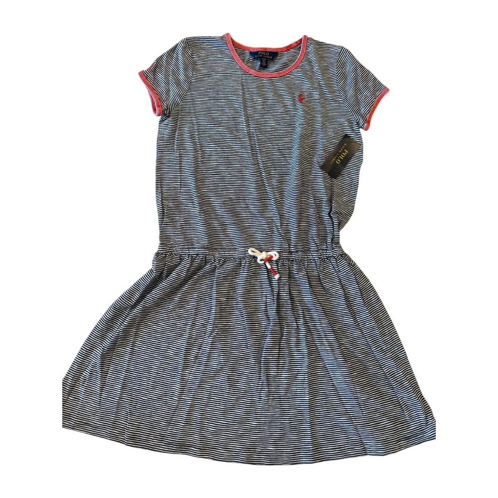 NWT Polo Ralph Lauren Girls XL 16 Blue White Striped Cotton Ringer T-Shirt Dress